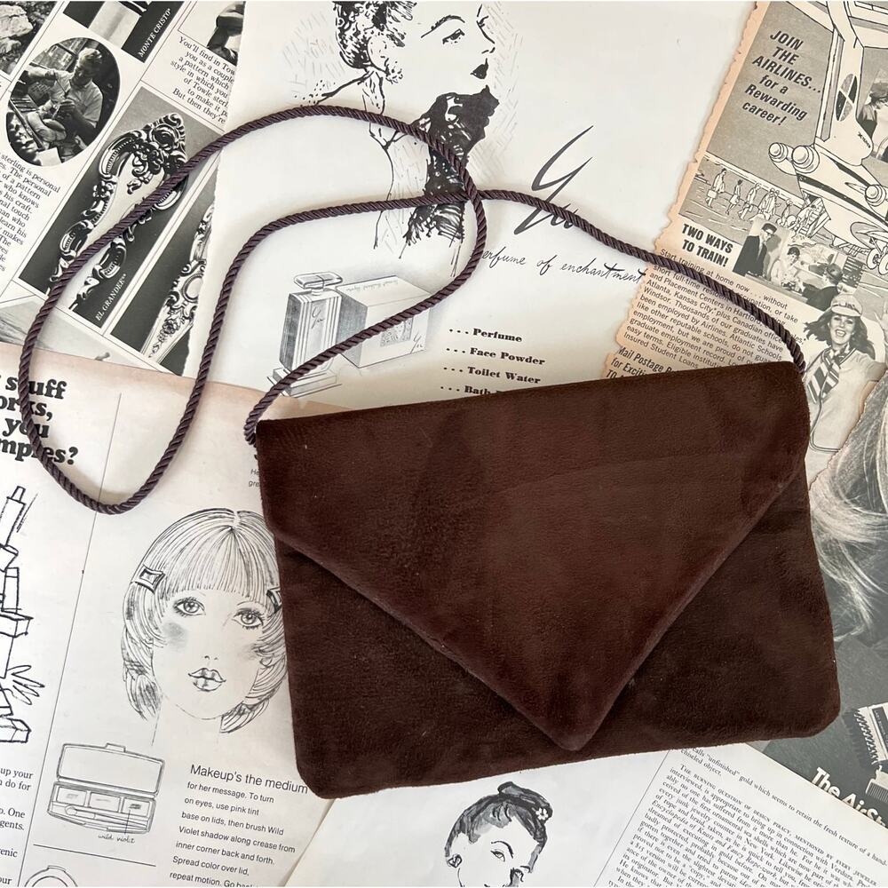Vintage 70s Brown Suede Envelope Clutch Crossbody Bag